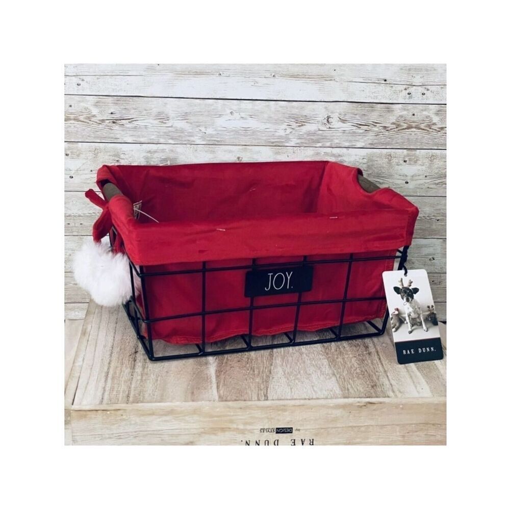 NWT  Rae Dunn "JOY" Wire & Wood Caddy Basket Red Cover Christmas Farmhouse Gift